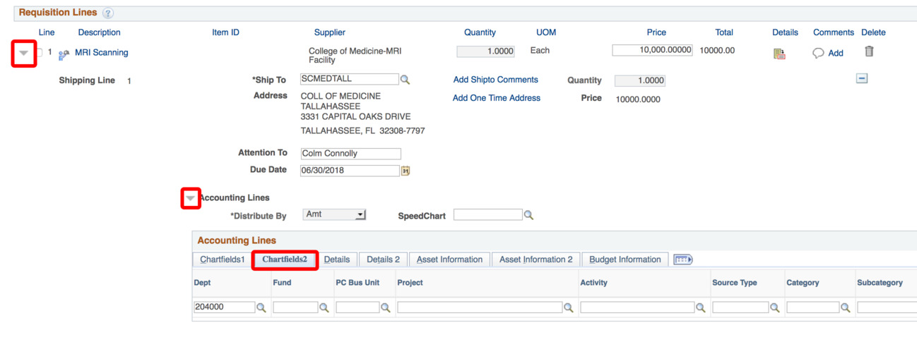 screenshot indicating the "chartfield2" field on the "accounting lines" screen