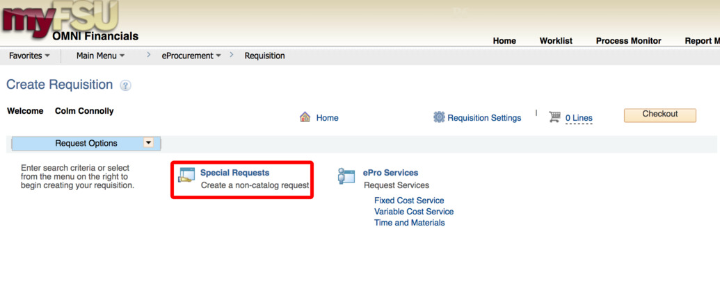 screenshot of the "create requisition" screen, indicating the special requests button
