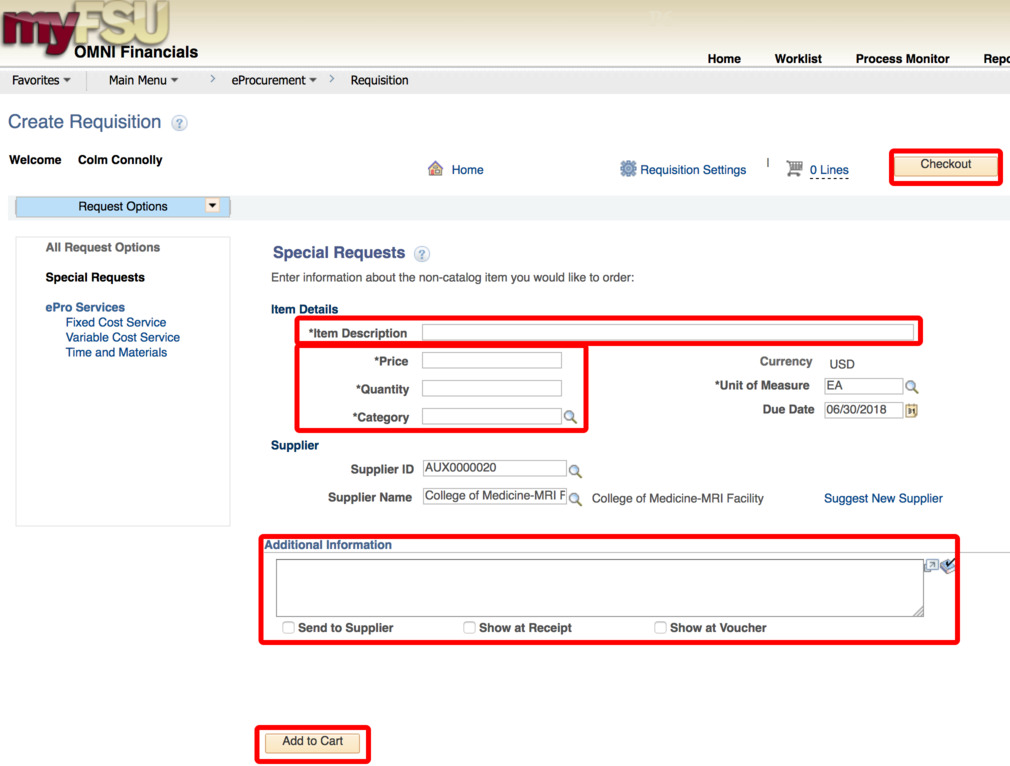 screenshot of the "special requests" screen, indicating the fields that need to be filled in
