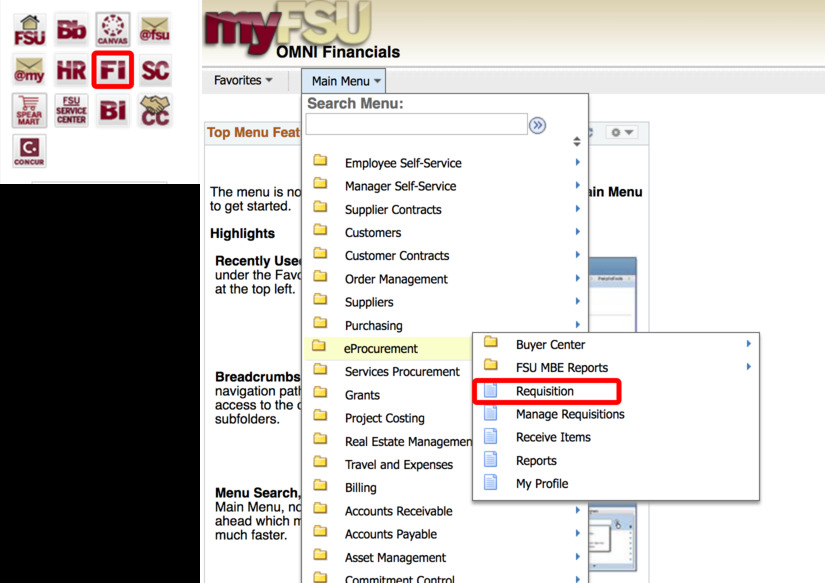 snapshot of myFSU financials menu indicating how to get to the requisition screen