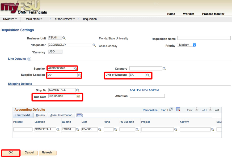 screenshot of the requisition screen, highlighting the fields needed to be filled in