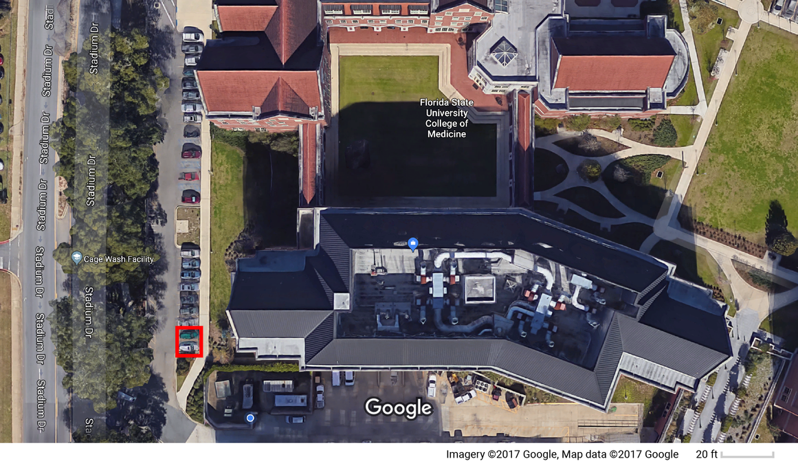 aerial view of the college of medicine from google maps, indicating the parking lot